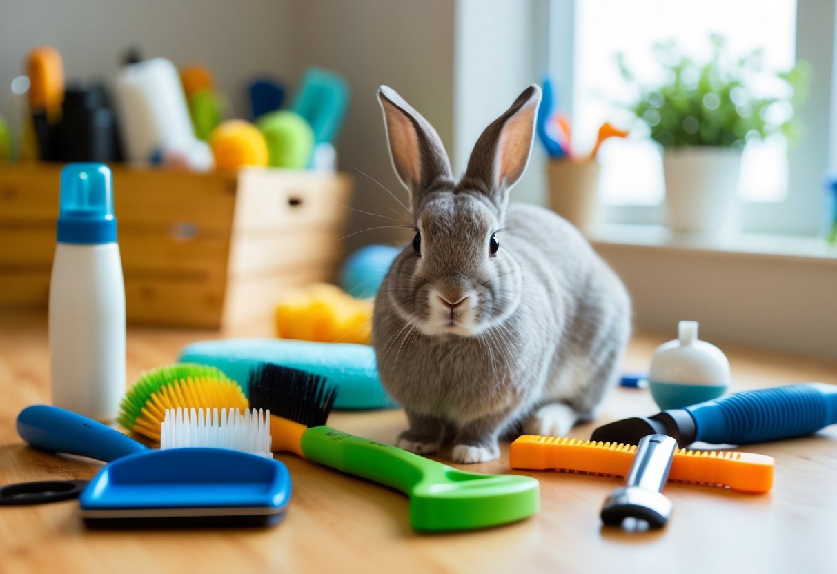 A rabbit surrounded by various grooming tools and toys, with a clean and organized living space