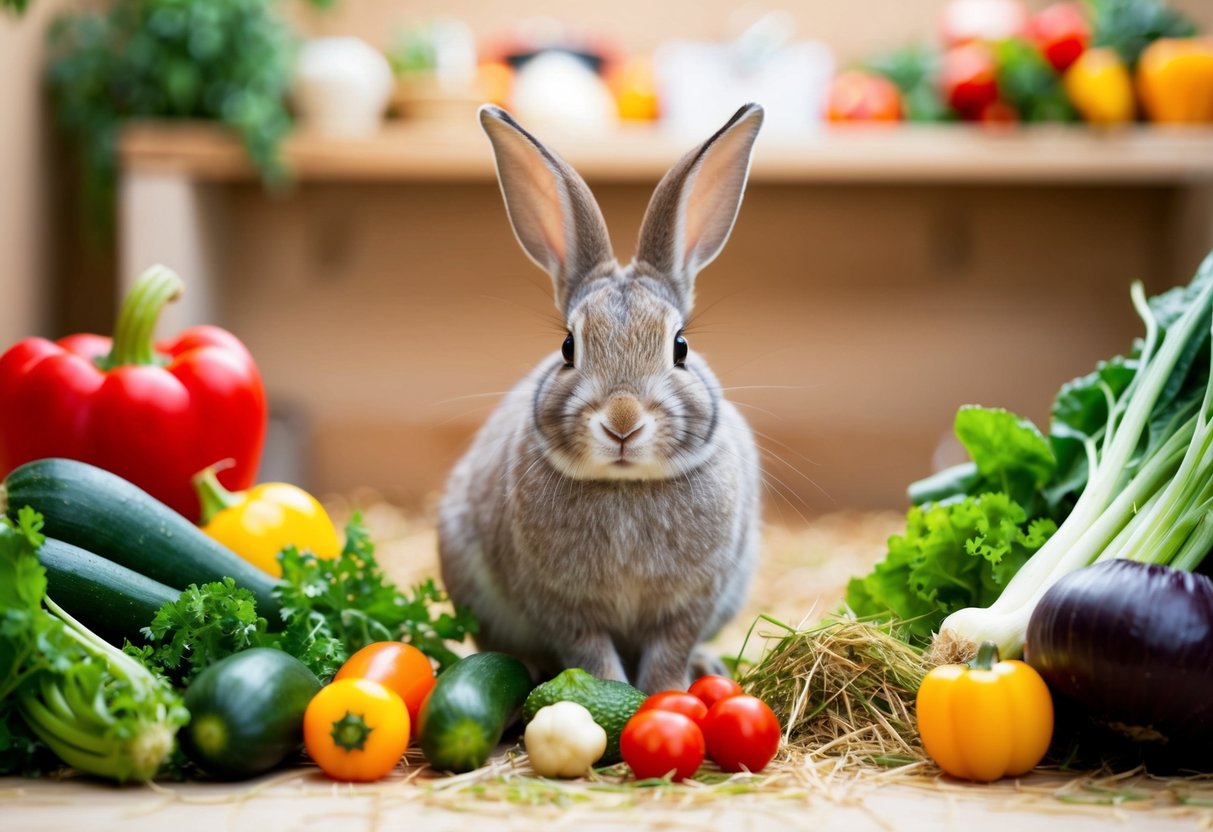 A rabbit surrounded by a variety of fresh vegetables and hay in a spacious and clean enclosure