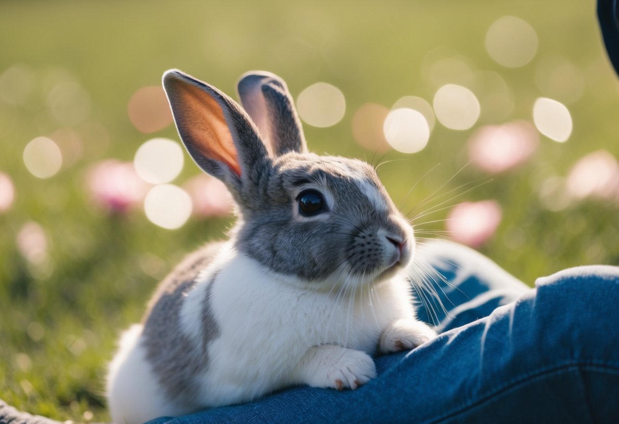 A rabbit nuzzles against a person's leg, looking up with adoration