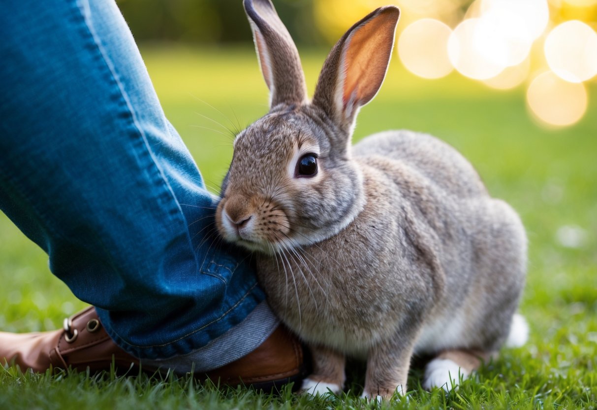 A rabbit nuzzles against a person's leg, their ears relaxed and eyes half-closed in contentment