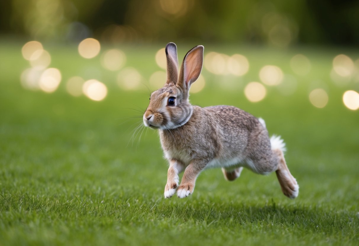 A rabbit hops towards the viewer, ears perked up and tail twitching in excitement