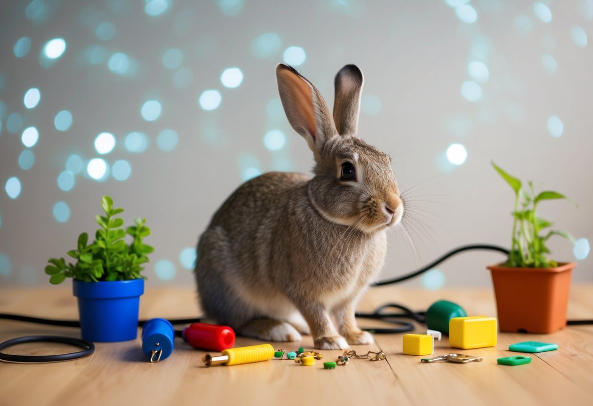 A rabbit surrounded by dangerous objects like electrical cords, toxic plants, and small items that could be ingested