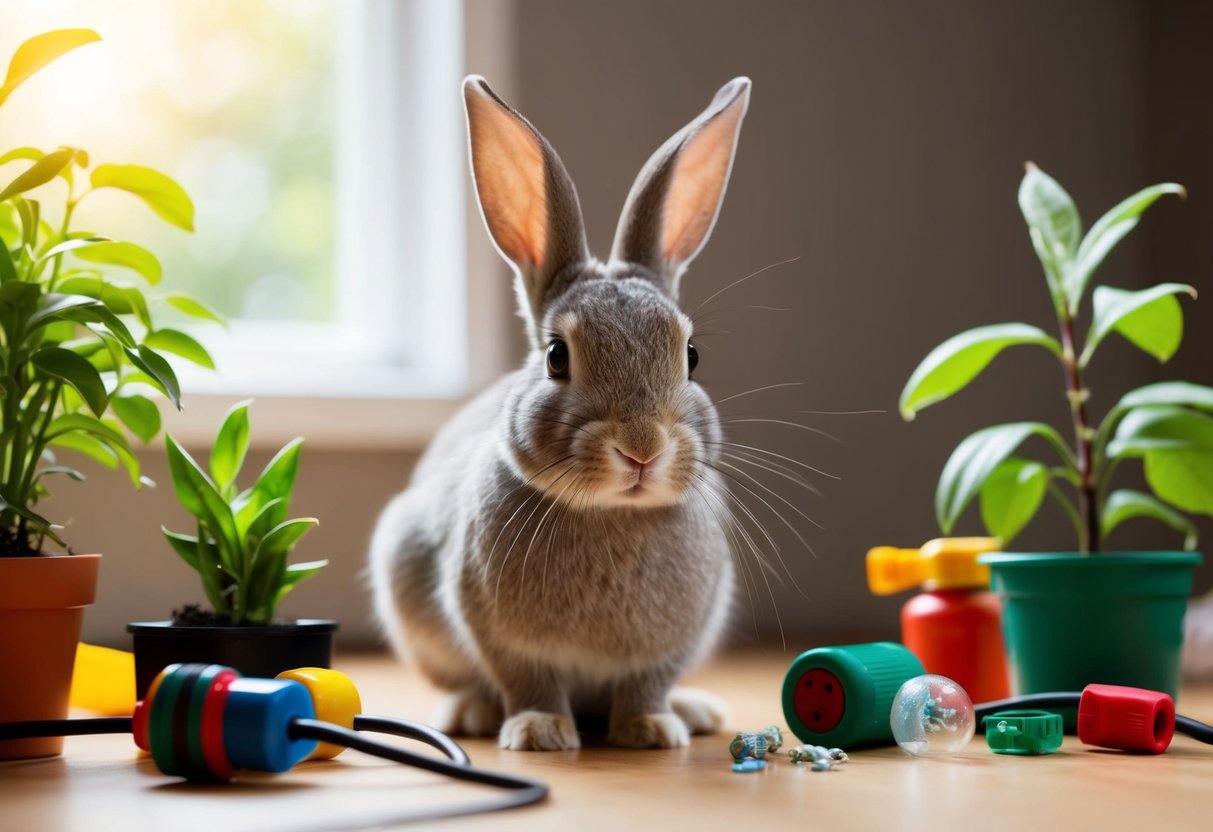 A rabbit surrounded by hazardous items such as electrical cords, toxic plants, and small objects that could be ingested