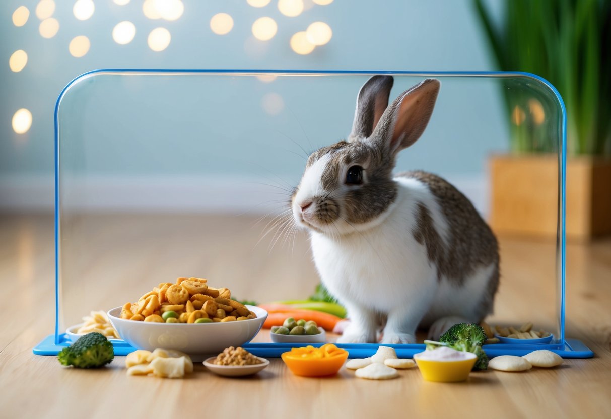 A rabbit surrounded by unsafe food items, with a clear barrier separating them from the rabbit's designated diet and water