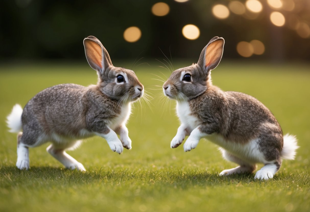 Two rabbits hopping towards each other, noses twitching and ears perked up, with tails wagging in excitement