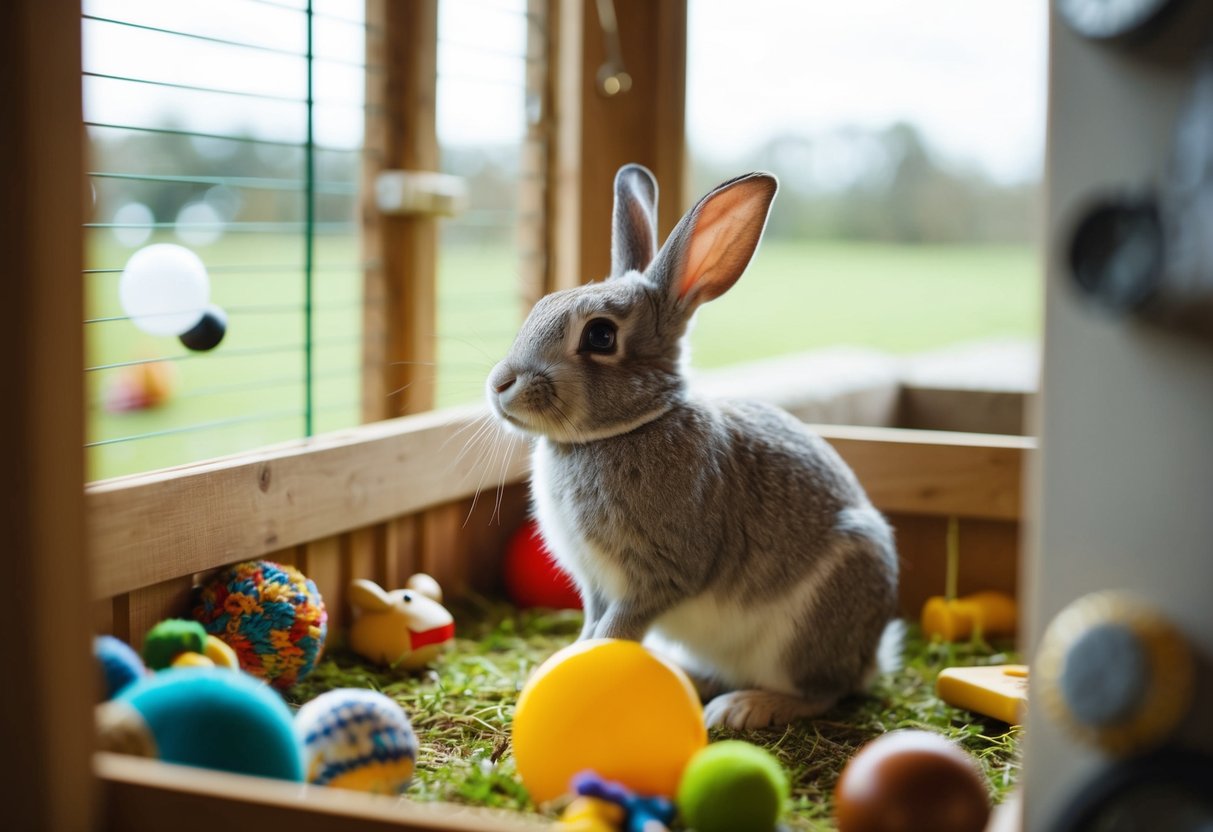 A rabbit sitting in its hutch, surrounded by familiar toys and objects, looking out at the world beyond