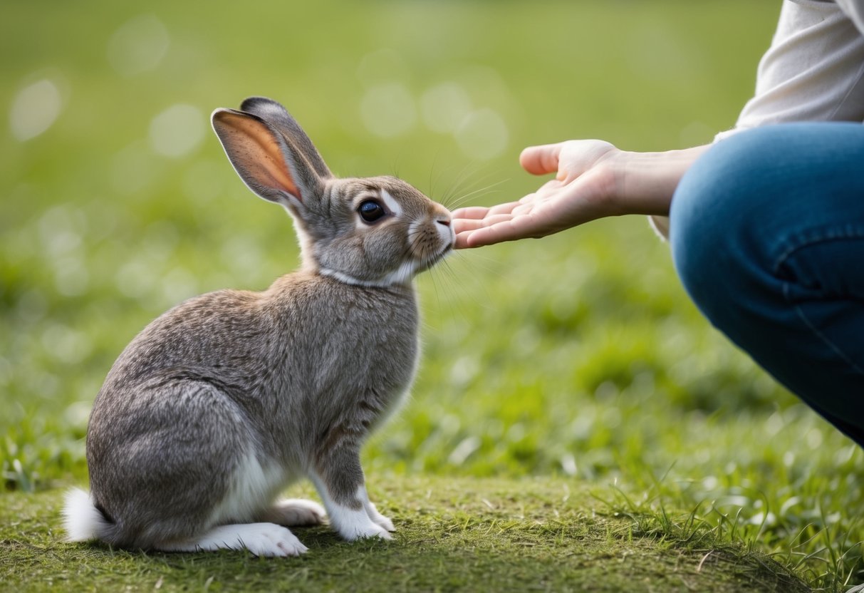 A rabbit sitting on a grassy patch, looking up at a person approaching with a smile, while the person reaches out to pet the rabbit