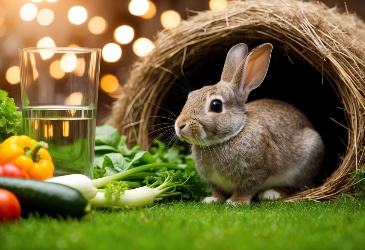 A rabbit with a cozy burrow, fresh water, green grass, and a variety of vegetables to stay alive