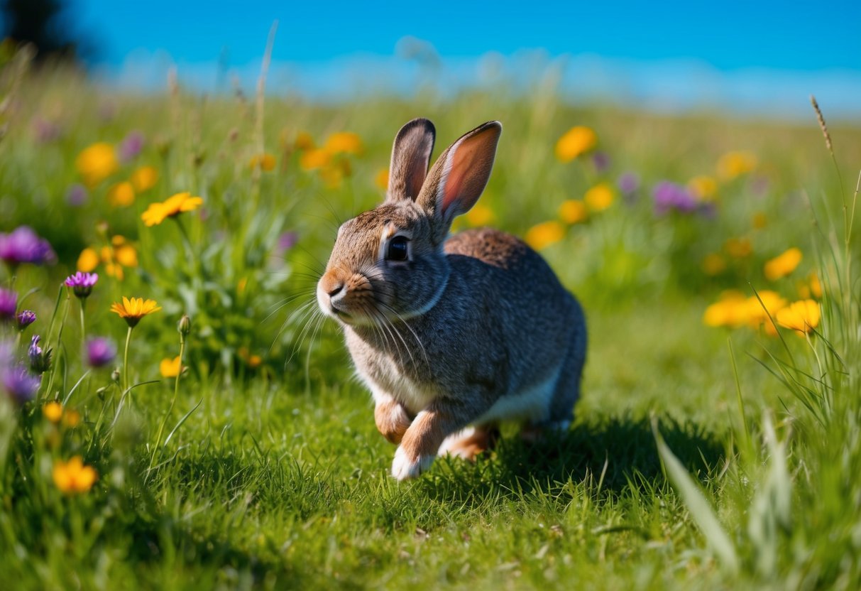 A rabbit peacefully hopping through a lush meadow, surrounded by colorful wildflowers and tall grass, under a clear blue sky