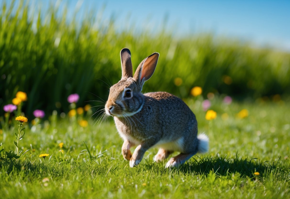 A rabbit peacefully hopping through a lush green field, surrounded by colorful wildflowers and tall grass, under a clear blue sky
