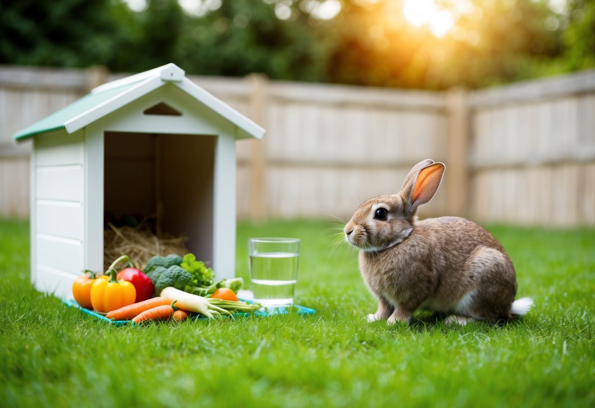 A rabbit in a spacious, grassy enclosure with a shelter, fresh water, and a variety of vegetables and hay to eat