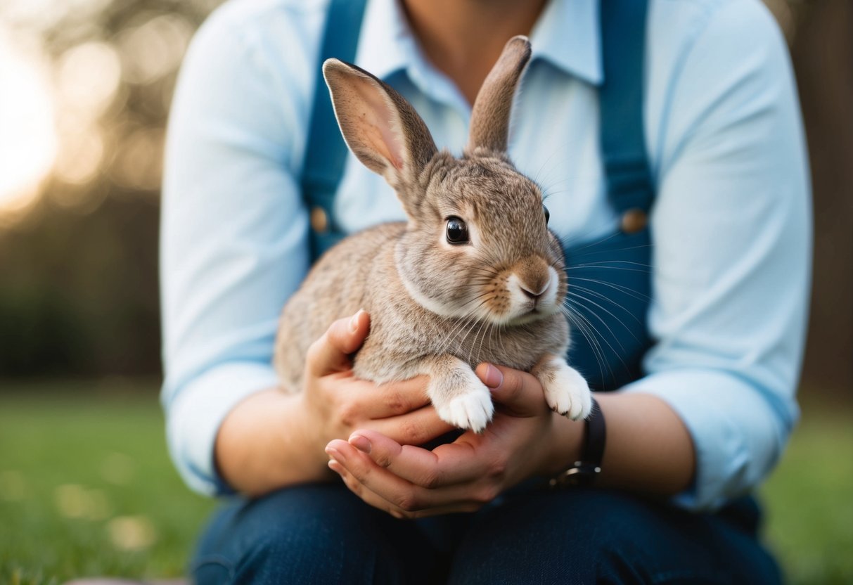 A rabbit being gently cradled in someone's arms