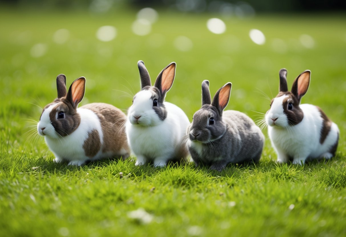 A group of common rabbit breeds, such as the Holland Lop, Netherland Dwarf, and Mini Rex, are peacefully grazing in a lush green meadow