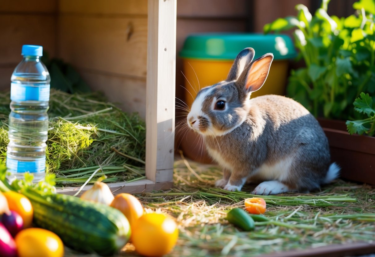 A rabbit hutch with fresh hay, water bottle, and a variety of vegetables and fruits scattered around. A rabbit grooming itself in the sunlight