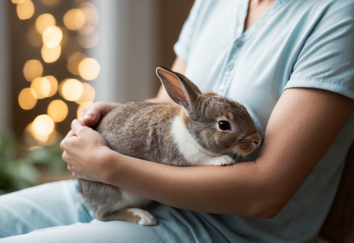 A rabbit nestled in the arms of a gentle figure, content and relaxed, as they softly stroke its fur