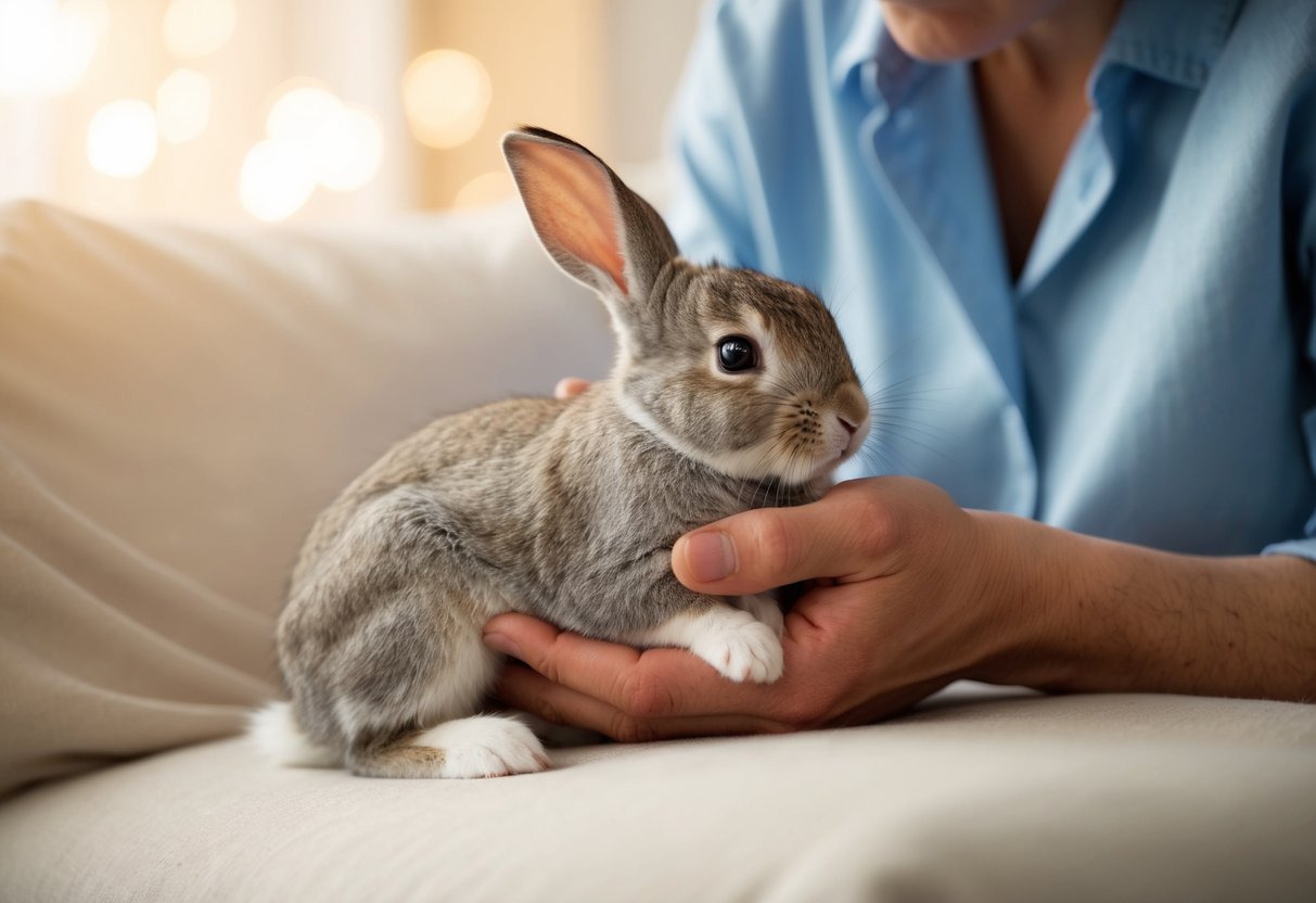 A young rabbit being gently held and cradled by a caring figure, with a soft and comfortable environment surrounding them