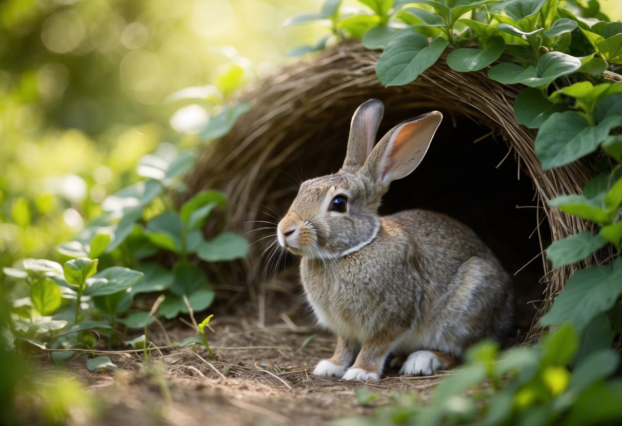 A wise, elderly rabbit sits peacefully in a cozy burrow, surrounded by soft, sun-dappled foliage