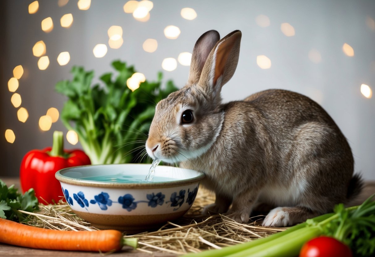 A rabbit drinking water from a ceramic bowl, surrounded by hay and fresh vegetables