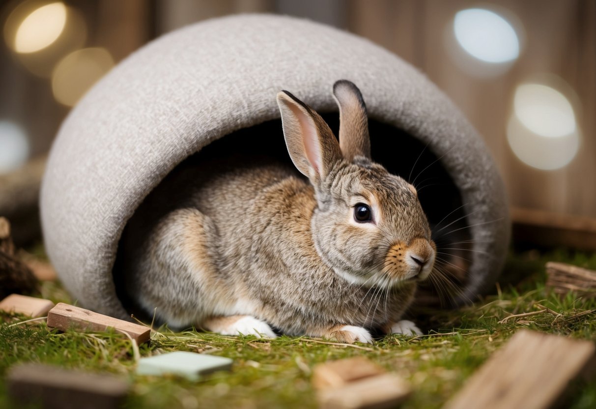 An elderly rabbit peacefully resting in a cozy burrow, surrounded by signs of a long and well-lived life
