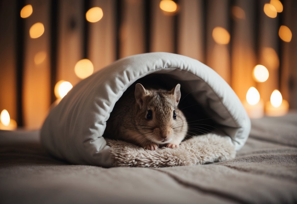 A cozy burrow with soft bedding and a warm, dimly lit atmosphere