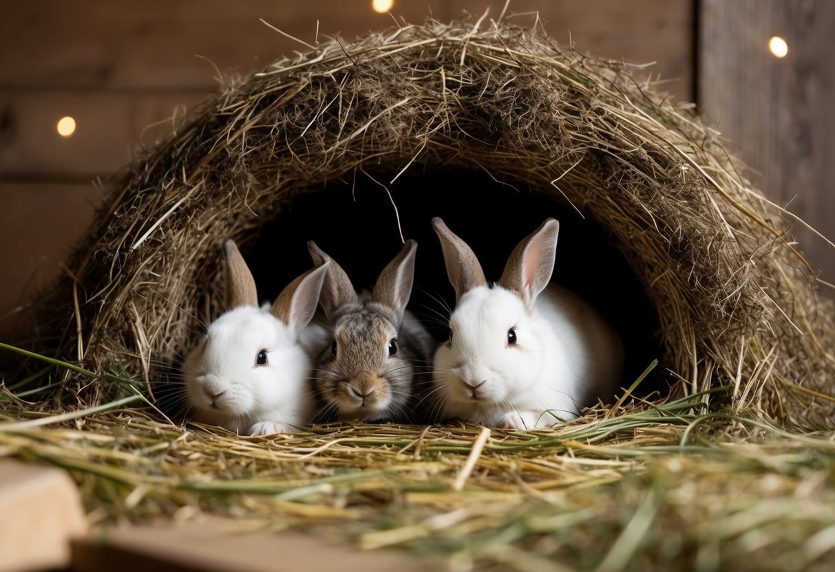 A cozy burrow with soft bedding, hay, and a few hiding spots for rabbits to feel safe and comfortable while they sleep
