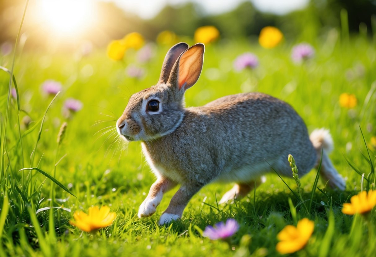 A rabbit happily hops through a lush, green meadow, surrounded by vibrant flowers and tall grass, with the sun shining brightly overhead