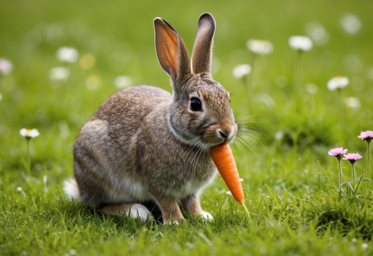 A rabbit sitting in a lush grassy field, surrounded by wildflowers and nibbling on a carrot, with a peaceful and content expression on its face