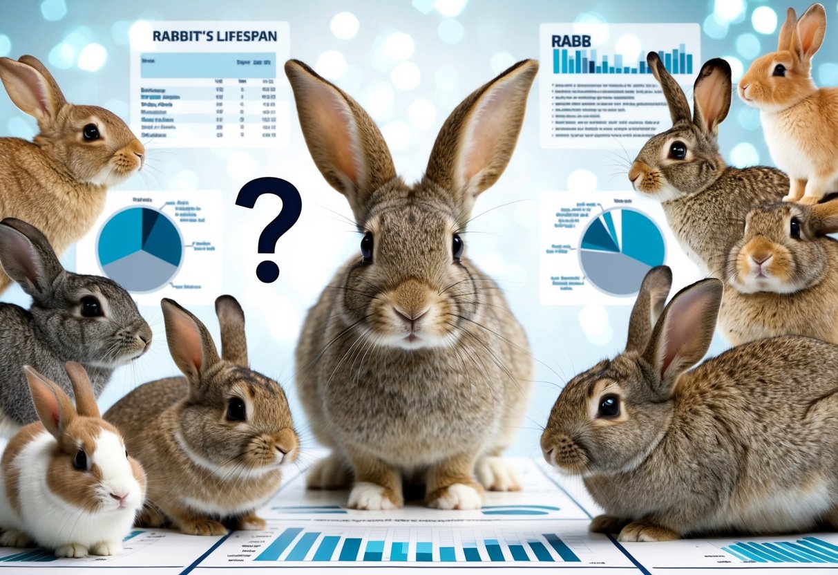 A variety of rabbit breeds surrounded by informational charts and diagrams, with a question mark hovering over a rabbit's lifespan