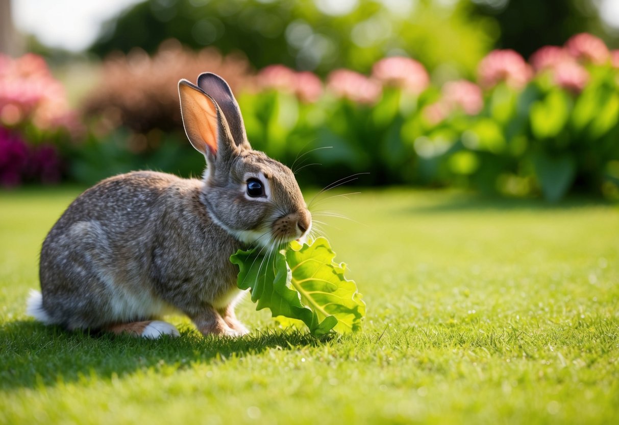 A rabbit nibbles on a fresh, green lettuce leaf in a sunny garden