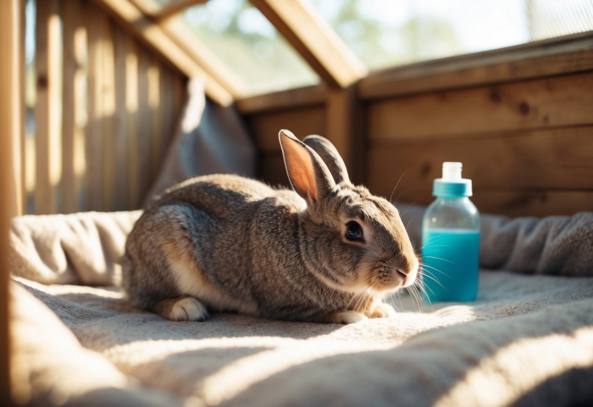 An elderly rabbit resting in a cozy, sunlit enclosure with soft bedding and a water bottle nearby