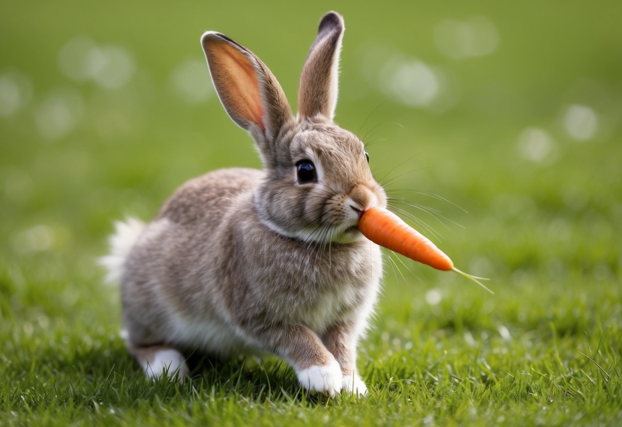 A fluffy rabbit with long ears and bright eyes, hopping in a grassy field with a small carrot in its mouth