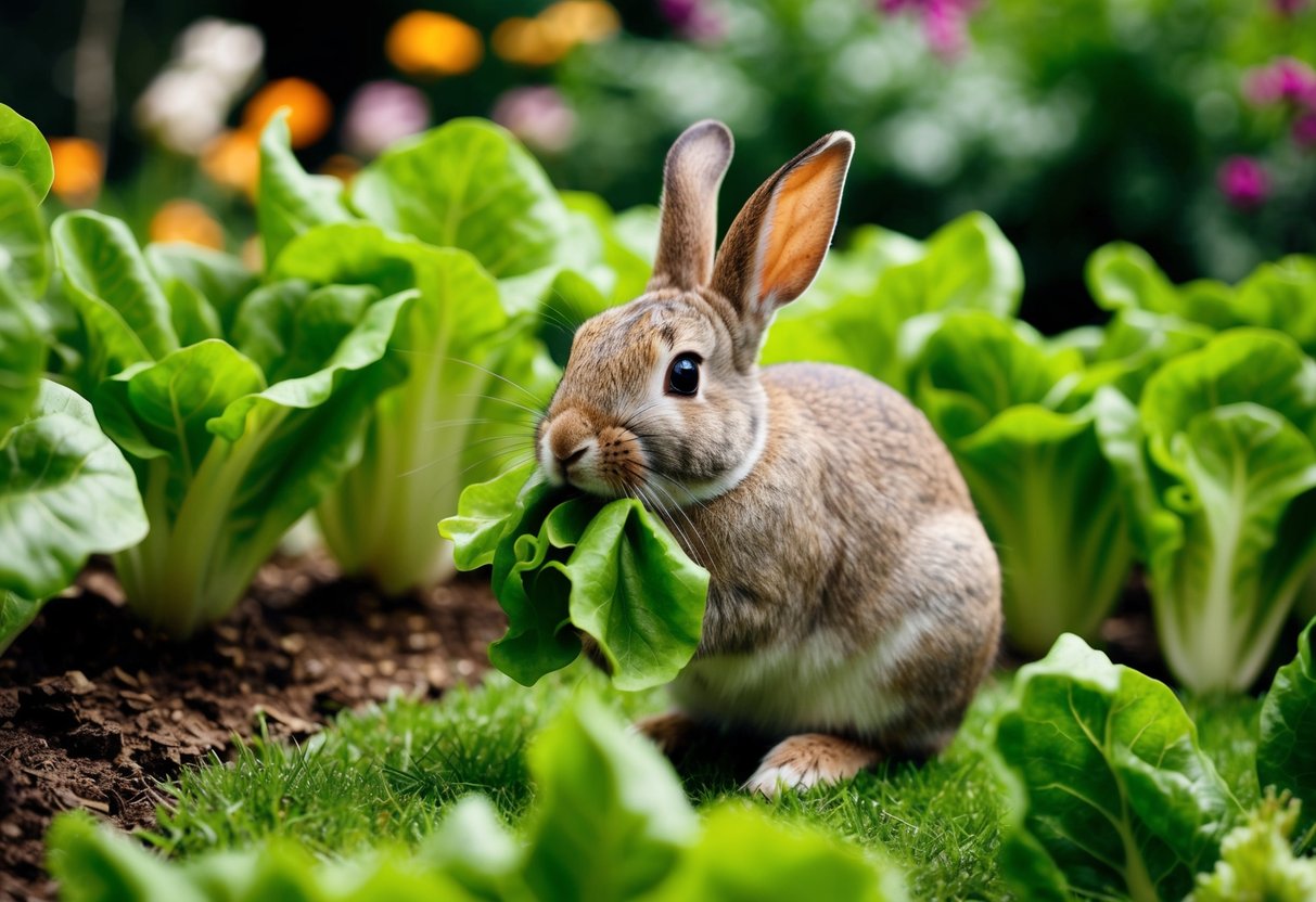 A rabbit eagerly munches on fresh, crisp lettuce leaves in a lush garden setting