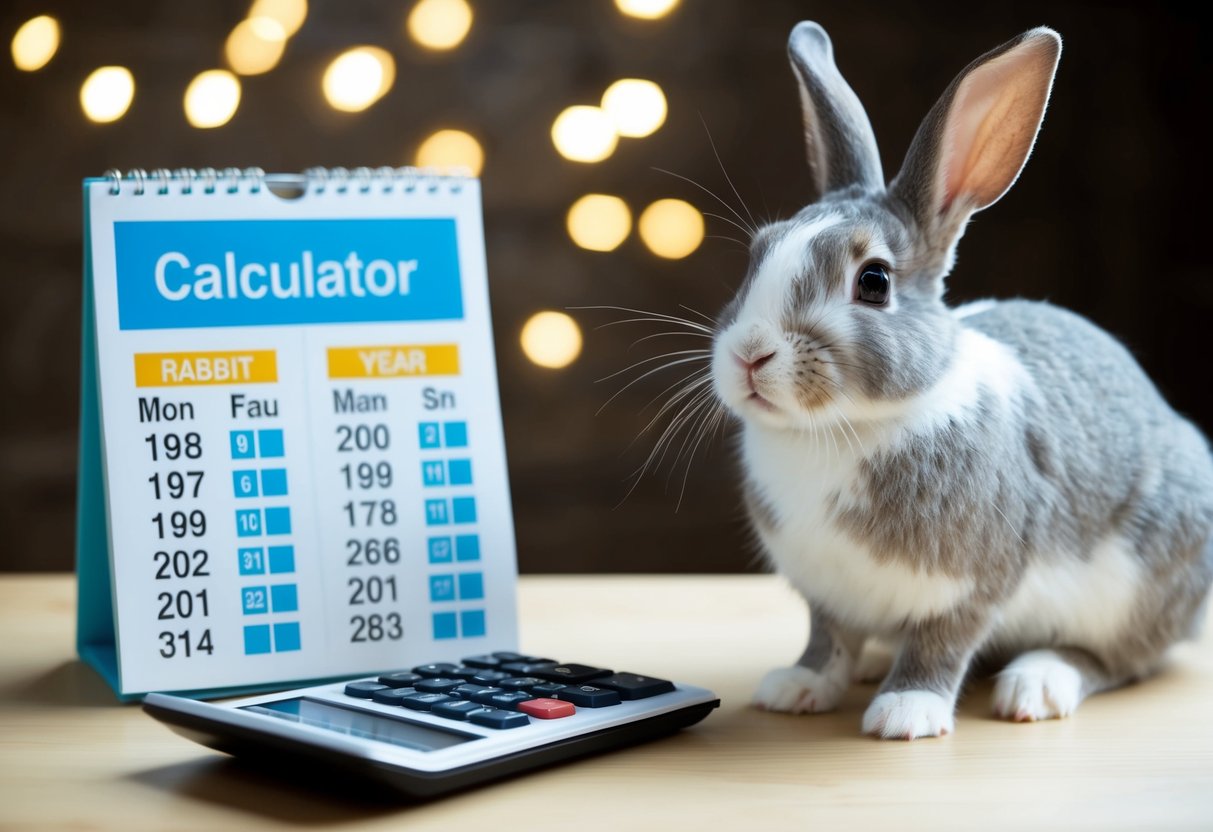 A rabbit sitting next to a calendar showing rabbit and human years, with a calculator and a confused expression