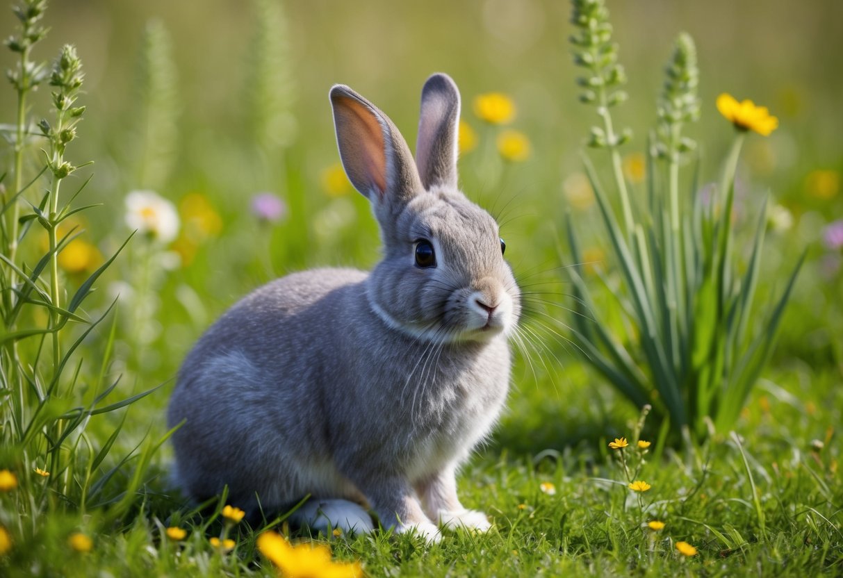 A fluffy gray rabbit sits in a grassy meadow, surrounded by wildflowers and tall green plants. It looks alert and curious, with its ears perked up