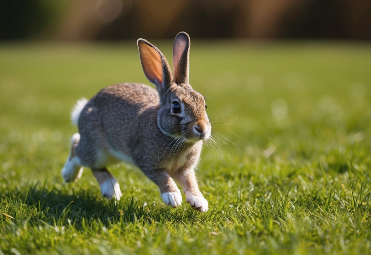 A 2-year-old rabbit hops through a grassy field, its fur sleek and eyes bright