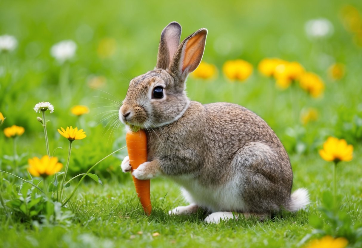 A rabbit sitting in a lush green field, surrounded by wildflowers and nibbling on a carrot