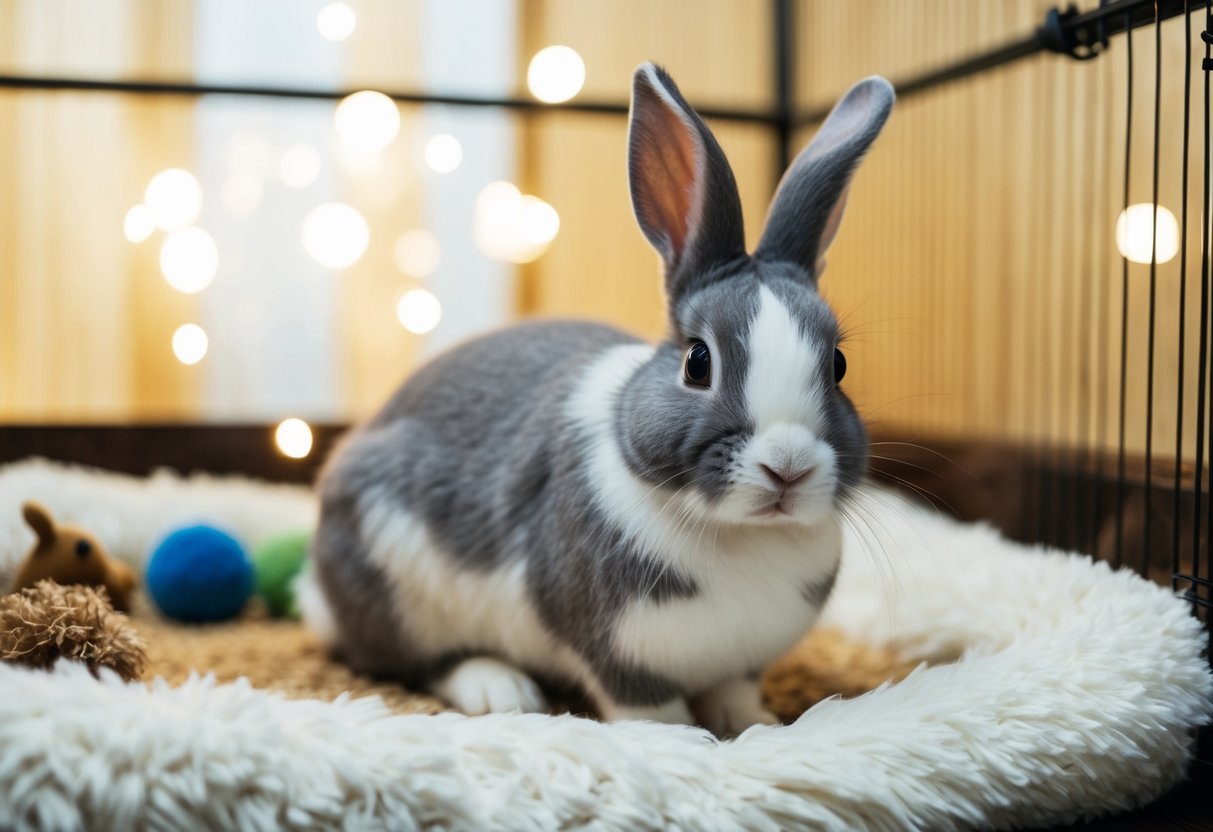 A gray and white rabbit sits in a cozy, well-lit enclosure, surrounded by soft bedding and a few toys. Its fur is slightly matted, and it moves with a slow and deliberate pace