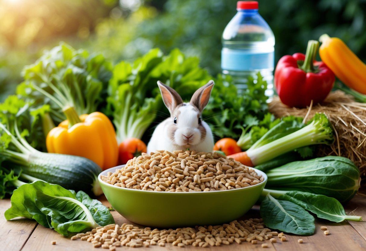A variety of fresh vegetables and leafy greens scattered around a bowl of high-quality rabbit pellets. Hay and water bottles are also visible in the background