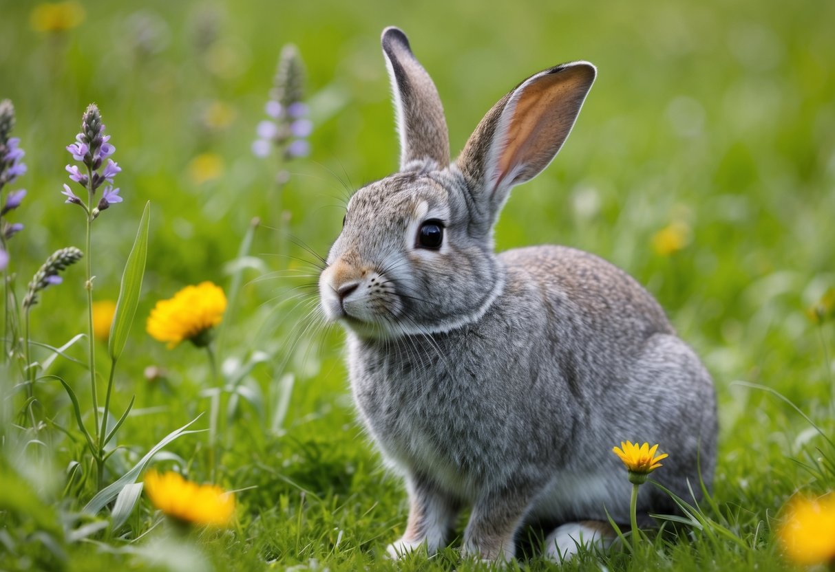 A 10-year-old rabbit with gray fur sits in a lush green meadow, surrounded by wildflowers and tall grass. The rabbit's ears are slightly drooping, and its eyes show signs of wisdom and experience