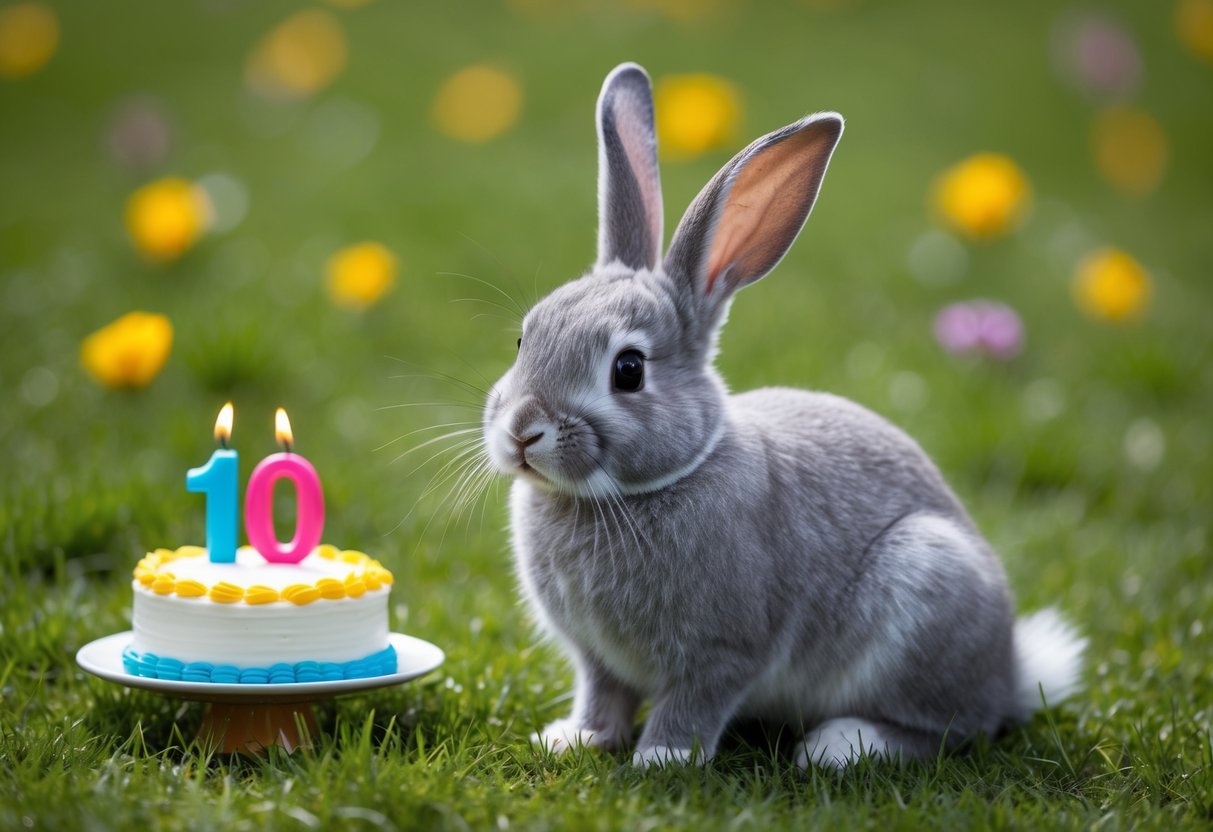 A cute rabbit with long ears and a gray fur sitting in a grassy field with a small birthday cake and a "10" candle on top