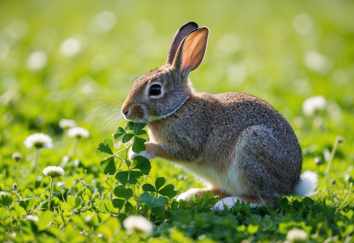 A wild rabbit nibbles on a fresh patch of clover in a sun-dappled meadow