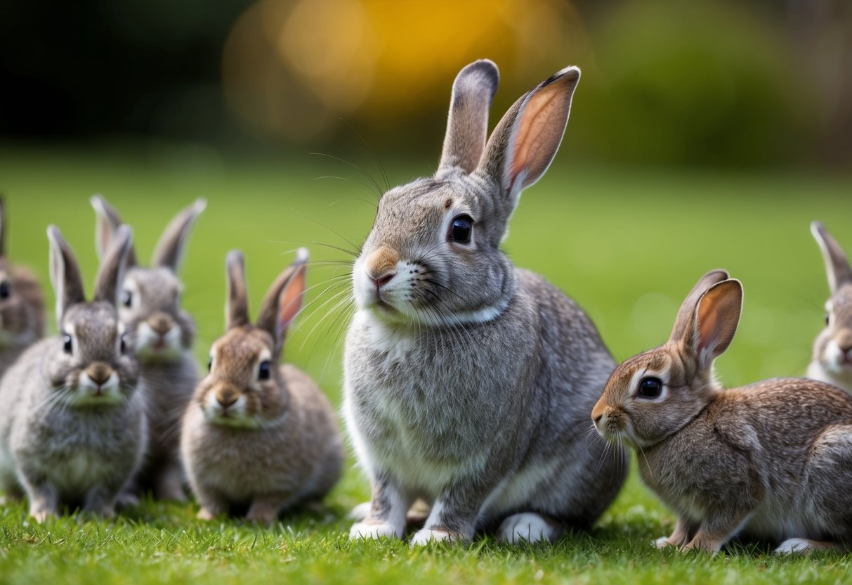 A 10-year-old rabbit sitting among a group of younger rabbits, looking slightly slower and grayer but still alert and engaged with its surroundings