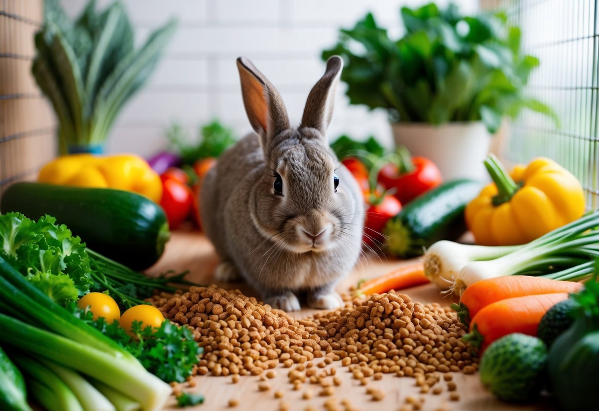 A rabbit surrounded by a variety of fresh vegetables and specialty rabbit food pellets in a clean and spacious enclosure