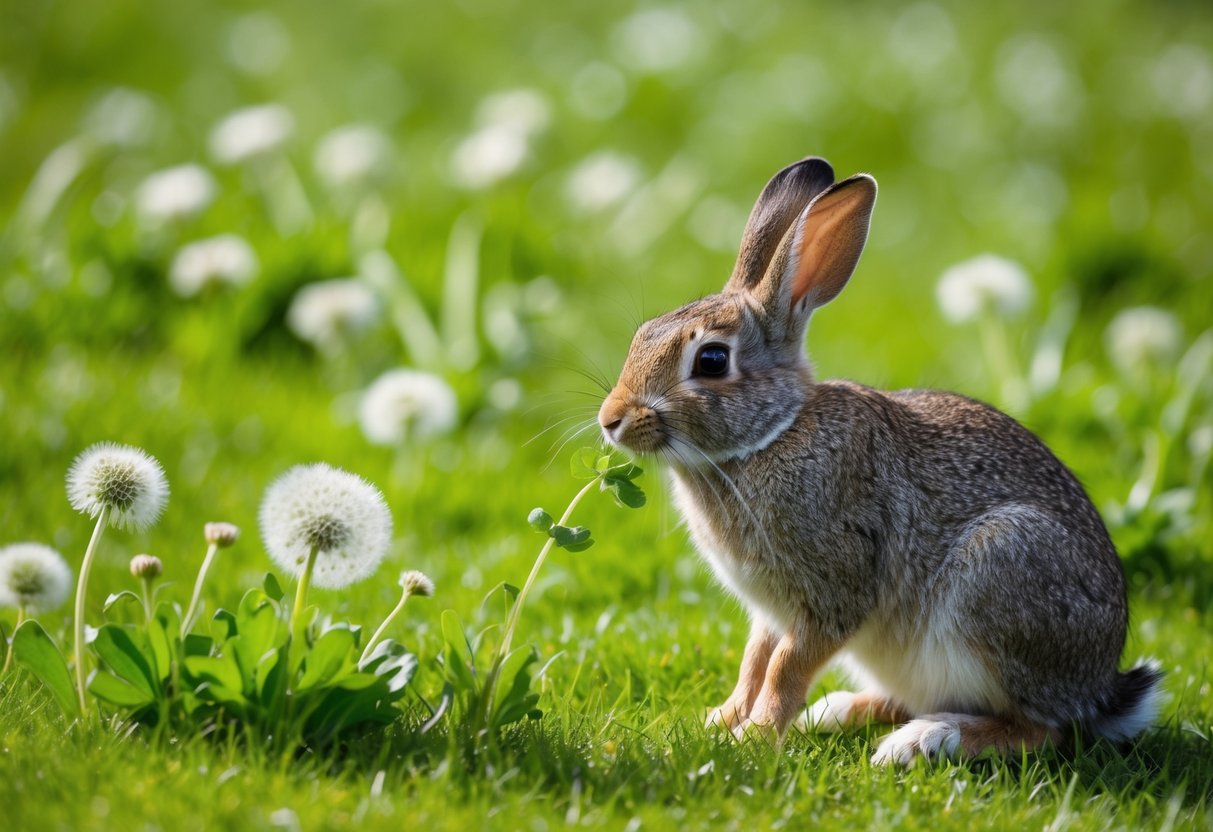 A wild rabbit nibbles on fresh green clover in a sun-dappled meadow. Nearby, a patch of tender young dandelion leaves beckons