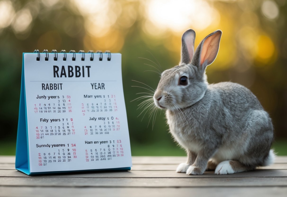 A 10-year-old rabbit sitting next to a calendar with rabbit years and human years marked, looking contemplative