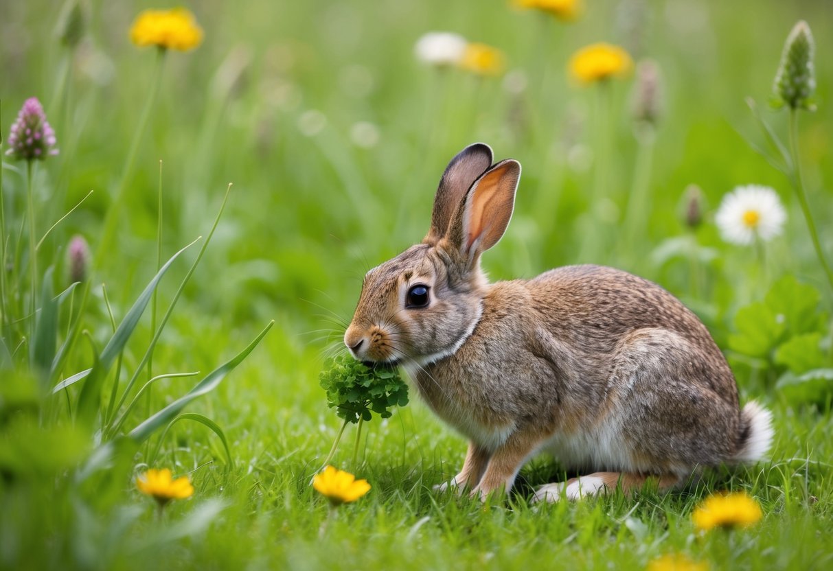 A wild rabbit munching on fresh clover in a lush meadow, surrounded by tall grass and wildflowers