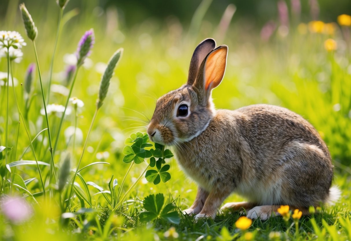 A wild rabbit nibbles on fresh green clover in a sun-dappled meadow, surrounded by tall grass and wildflowers