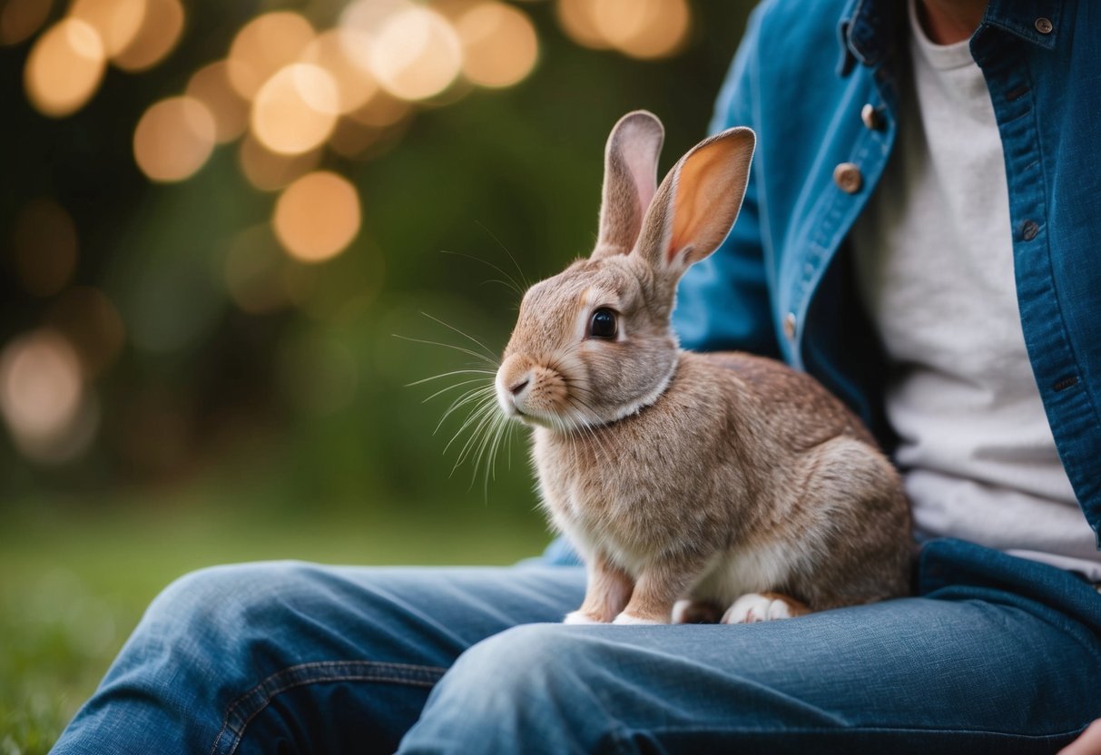 A rabbit sitting near a person, showing signs of comfort and trust