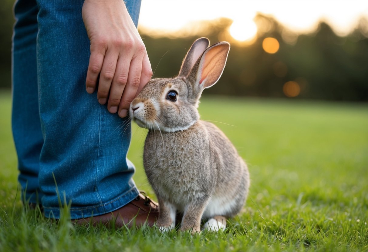 A rabbit nuzzles against a person's leg, looking up with trust and affection