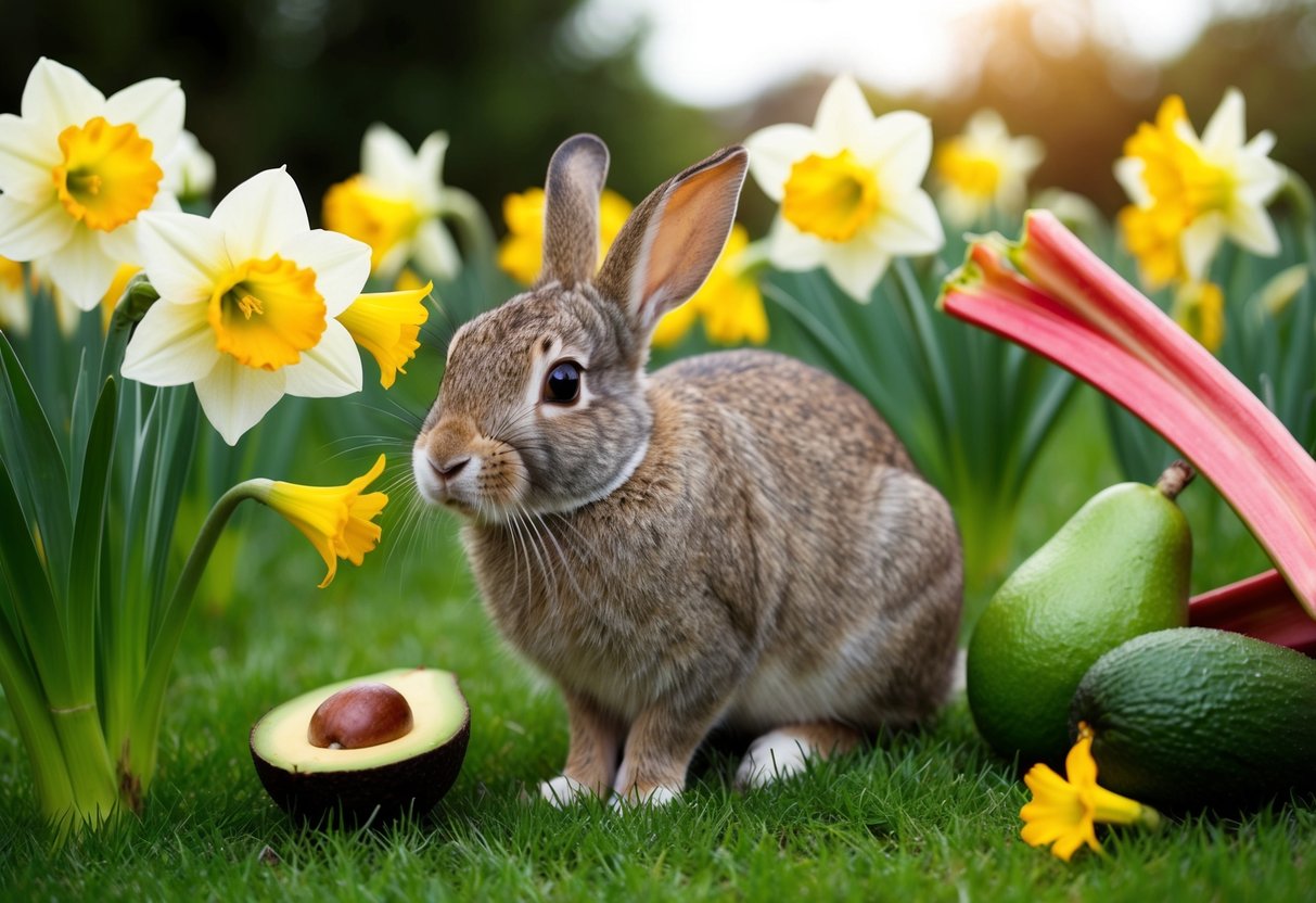 A rabbit surrounded by toxic plants like daffodils, avocado, and rhubarb